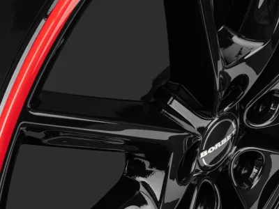 Borbet LX19 black glossy rim red – Detail Speichen und roter Felgenring