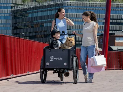 Cargobike of Sweden DeLight in Schwarz – Mit Kind und Hund in der Transportbox