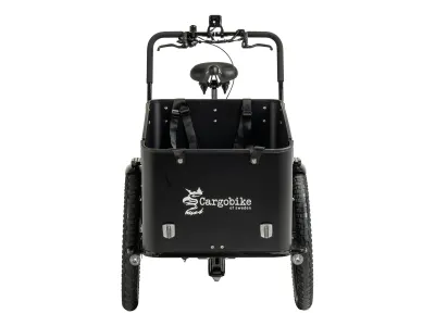 Cargobike of Sweden DeLight in Schwarz – Frontansicht mit Transportbox
